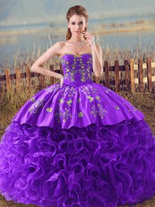 Glorious Purple Ball Gowns Sweetheart Sleeveless Fabric With Rolling Flowers Brush Train Lace Up Embroidery and Ruffles 