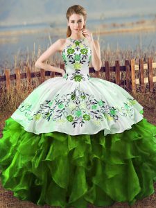 Edgy Embroidery and Ruffles Ball Gown Prom Dress Green Lace Up Sleeveless Floor Length