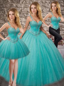 Delicate Aqua Blue Three Pieces Tulle Straps Sleeveless Beading Floor Length Lace Up Quinceanera Gown