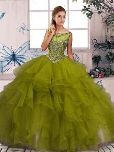 Flirting Olive Green Sweet 16 Dress Military Ball and Sweet 16 and Quinceanera with Beading and Ruffles Scoop Sleeveless
