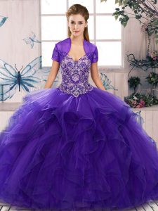 Modest Purple Sleeveless Beading and Ruffles Floor Length Quinceanera Dress