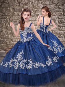 Stunning Royal Blue Taffeta Lace Up Straps Sleeveless Floor Length Little Girls Pageant Dress Appliques
