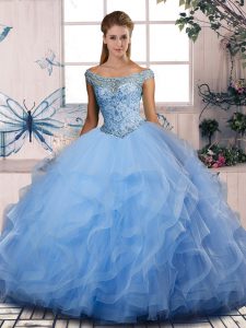 Off The Shoulder Sleeveless Lace Up Sweet 16 Quinceanera Dress Blue Tulle