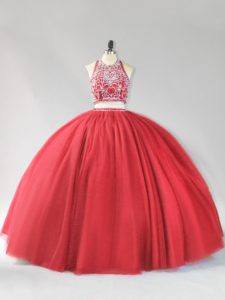 Red Halter Top Neckline Beading Quince Ball Gowns Sleeveless Backless