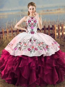 Spectacular Floor Length Fuchsia 15th Birthday Dress Organza Sleeveless Embroidery and Ruffles