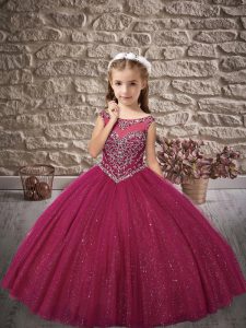Custom Designed Floor Length Zipper Child Pageant Dress Fuchsia for Wedding Party with Beading
