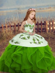 Green Ball Gowns Spaghetti Straps Sleeveless Embroidery and Ruffles Floor Length Lace Up Kids Formal Wear