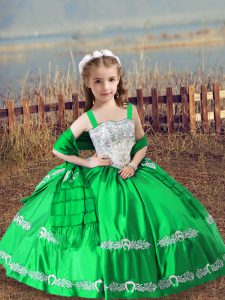 Pretty Satin Straps Sleeveless Lace Up Beading and Embroidery Little Girls Pageant Dress in Green
