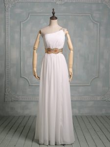 Halter Top Sleeveless Prom Evening Gown Floor Length Beading and Ruching White Chiffon