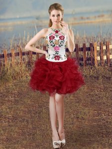 Amazing White And Red Scoop Lace Up Embroidery and Ruffles Prom Party Dress Sleeveless