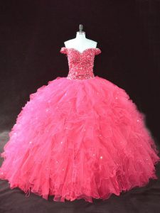 Hot Selling Hot Pink Sleeveless Tulle Lace Up Quinceanera Gown for Sweet 16 and Quinceanera