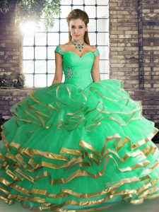 Adorable Turquoise Ball Gowns Off The Shoulder Sleeveless Tulle Floor Length Lace Up Beading and Ruffled Layers 15th Bir