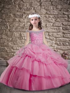 Popular Rose Pink Ball Gowns Scoop Cap Sleeves Organza Sweep Train Lace Up Beading and Pick Ups Kids Pageant Dress