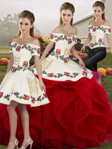 Delicate Floor Length White And Red Vestidos de Quinceanera Tulle Sleeveless Embroidery and Ruffles