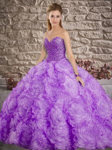 Lace Up Ball Gown Prom Dress Lavender for Military Ball and Sweet 16 and Quinceanera with Beading Brush Train