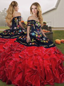 New Arrival Red And Black Organza Lace Up Off The Shoulder Sleeveless Floor Length Quinceanera Gowns Embroidery and Ruff