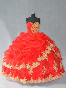 Ball Gowns Vestidos de Quinceanera Red Sweetheart Organza Sleeveless Floor Length Lace Up
