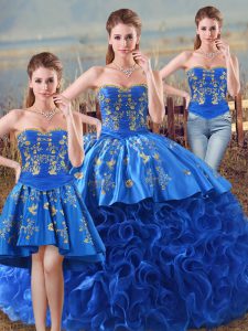 Discount Royal Blue Ball Gowns Fabric With Rolling Flowers Sweetheart Sleeveless Embroidery and Ruffles Floor Length Lac