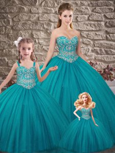 Ball Gowns Sleeveless Teal Vestidos de Quinceanera Brush Train Lace Up