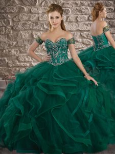 Fine Tulle Sweetheart Sleeveless Sweep Train Lace Up Beading and Ruffles Ball Gown Prom Dress in Green