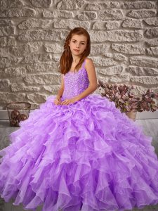 Graceful Lavender Organza Lace Up Child Pageant Dress Sleeveless Sweep Train Beading and Ruffles