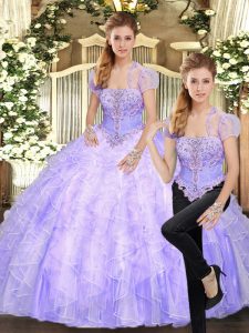 Glorious Lavender Tulle Lace Up Quinceanera Gown Sleeveless Floor Length Beading and Appliques and Ruffles