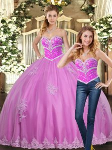 Traditional Lilac Quince Ball Gowns Sweet 16 and Quinceanera with Beading and Appliques Sweetheart Sleeveless Lace Up