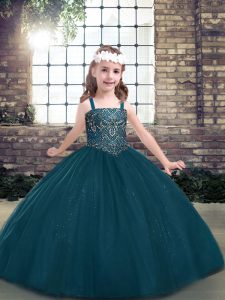 Dramatic Straps Long Sleeves Lace Up High School Pageant Dress Teal Tulle