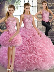 High End Rose Pink Three Pieces Scoop Sleeveless Fabric With Rolling Flowers Floor Length Lace Up Beading Vestidos de Qu