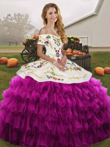 Glittering Organza Sleeveless Floor Length Sweet 16 Dress and Embroidery and Ruffled Layers