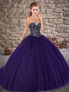Fashion Purple Sweet 16 Dresses Sweetheart Sleeveless Brush Train Lace Up