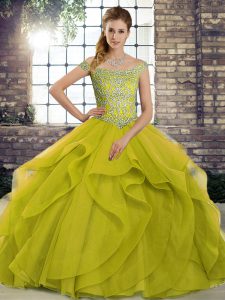 Extravagant Off The Shoulder Sleeveless Sweet 16 Quinceanera Dress Brush Train Beading and Ruffles Olive Green Tulle