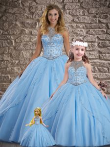 Blue Ball Gowns Halter Top Sleeveless Tulle Brush Train Lace Up Beading Quinceanera Gowns
