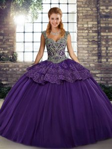 Perfect Tulle Straps Sleeveless Lace Up Beading and Appliques Quince Ball Gowns in Purple