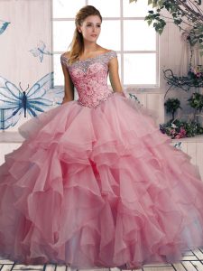 Glamorous Floor Length Watermelon Red Quinceanera Dresses Organza Sleeveless Beading and Ruffles