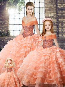 Ball Gowns Sleeveless Peach Quinceanera Dresses Brush Train Lace Up