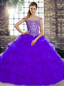 Off The Shoulder Sleeveless Tulle Ball Gown Prom Dress Beading and Pick Ups Brush Train Lace Up