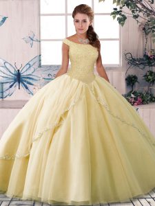 Yellow Ball Gowns Tulle Off The Shoulder Sleeveless Beading Lace Up Ball Gown Prom Dress Brush Train
