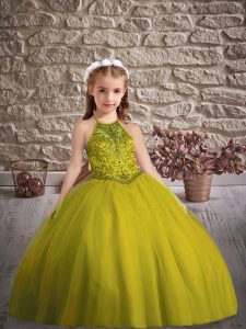 Olive Green Halter Top Criss Cross Beading Little Girl Pageant Gowns Sweep Train Sleeveless