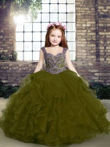 Dramatic Olive Green Ball Gowns Beading and Ruffles Glitz Pageant Dress Lace Up Tulle Sleeveless Floor Length