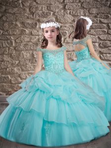 Organza Scoop Cap Sleeves Sweep Train Lace Up Beading and Pick Ups Kids Pageant Dress in Aqua Blue
