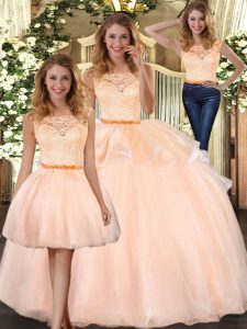Peach Zipper 15 Quinceanera Dress Lace Sleeveless Floor Length
