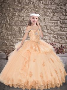 Beading and Appliques Pageant Dress Toddler Peach Lace Up Sleeveless Floor Length