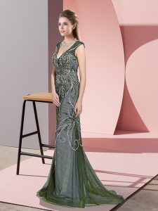 Free and Easy Olive Green Evening Dress Prom and Party with Beading V-neck Sleeveless Sweep Train Zipper