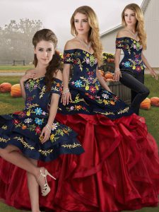 Red And Black Sleeveless Floor Length Embroidery and Ruffles Lace Up Quinceanera Gowns