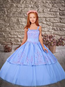 Enchanting Sleeveless Satin and Tulle Sweep Train Lace Up Glitz Pageant Dress in Blue with Embroidery