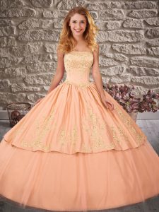 Sumptuous Peach 15th Birthday Dress Military Ball and Sweet 16 and Quinceanera with Embroidery Strapless Sleeveless Brus