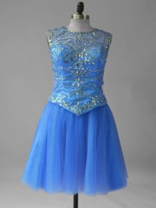 Shining Scoop Sleeveless Lace Up Party Dress for Girls Blue Tulle