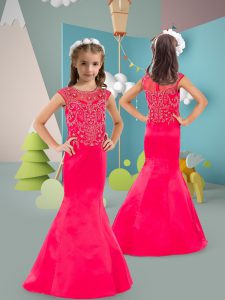Stylish Hot Pink Mermaid Beading Kids Formal Wear Satin Cap Sleeves Floor Length
