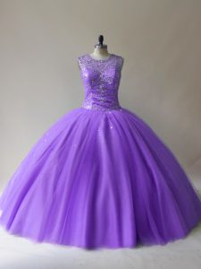 Stylish Lavender Sleeveless Floor Length Beading Lace Up 15 Quinceanera Dress
